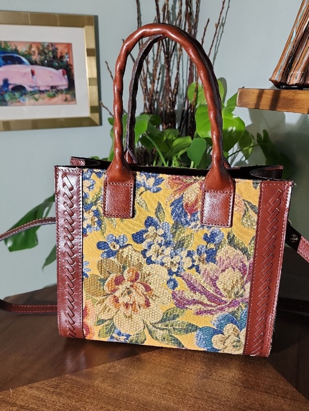 Patricia Nash Yellow Floral Tapestry Tote with Brown Leather Trim - Picture 3 of 13